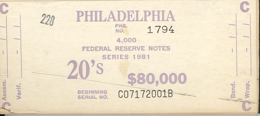 Fr.2073-C, BEP $80,000 Brick Packaging Label, 1981 Philadelphia $20 FRNs, C-B Block